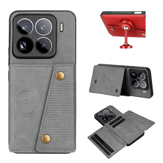Per Xiaomi 15 Pro Custodia magnetica per telefono con doppia fibbia e slot per schede (grigio)