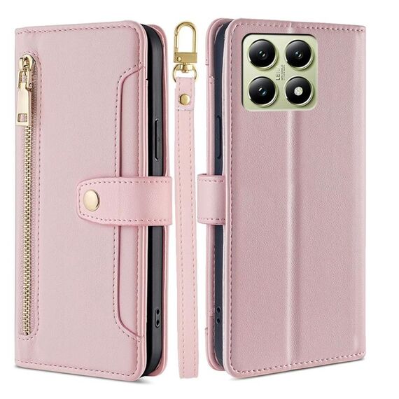 Per Xiaomi 14T 5G Sheep Texture Portafoglio a tracolla con cerniera in pelle Custodia per telefono (rosa)