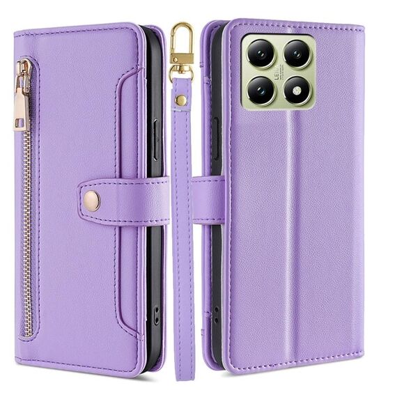 Per Xiaomi 14T 5G Sheep Texture Portafoglio a tracolla con cerniera in pelle Custodia per telefono (viola)