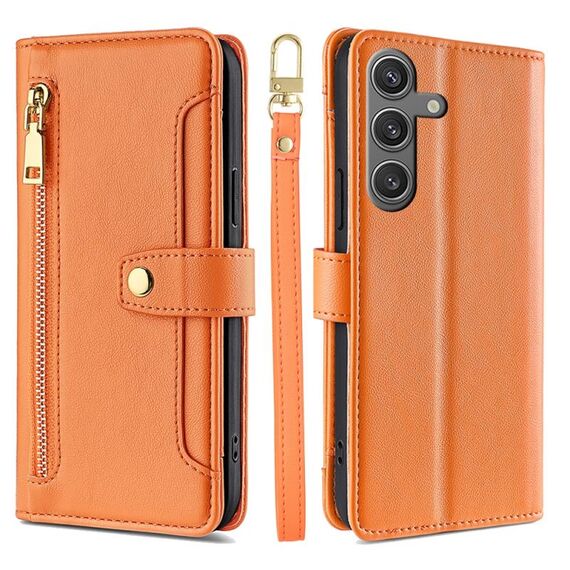 Per Samsung Galaxy S25 5G Custodia per telefono in pelle con cerniera a tracolla con texture di pecora (arancione)