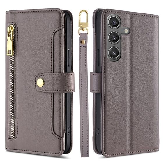 Per Samsung Galaxy S25 5G Custodia per telefono in pelle con cerniera a tracolla con texture di pecora (grigio)