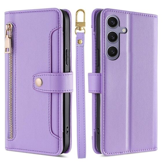Per Samsung Galaxy S25+ 5G Custodia per telefono in pelle con cerniera a tracolla con texture di pecora (viola)
