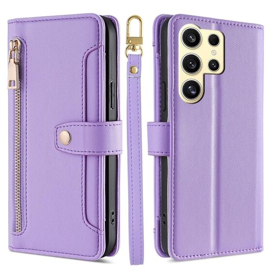 Per Samsung Galaxy S25 Ultra 5G Custodia per telefono in pelle con cerniera a tracolla con texture di pecora (viola)