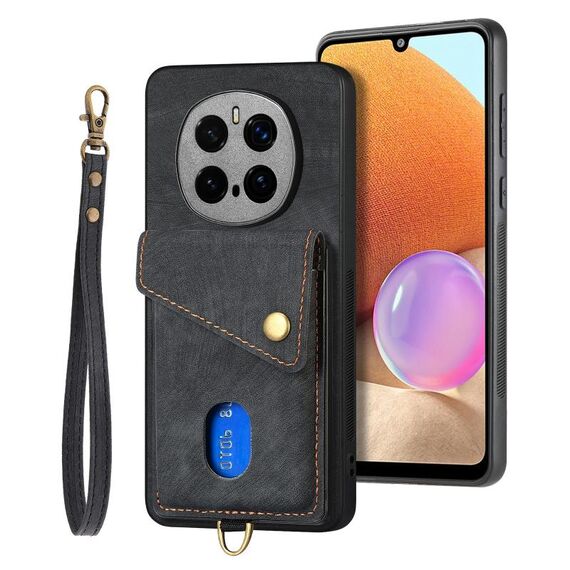 Per Honor Magic7 Pro Retro Card Wallet Fold Custodia in pelle per telefono con cinturino (nero)