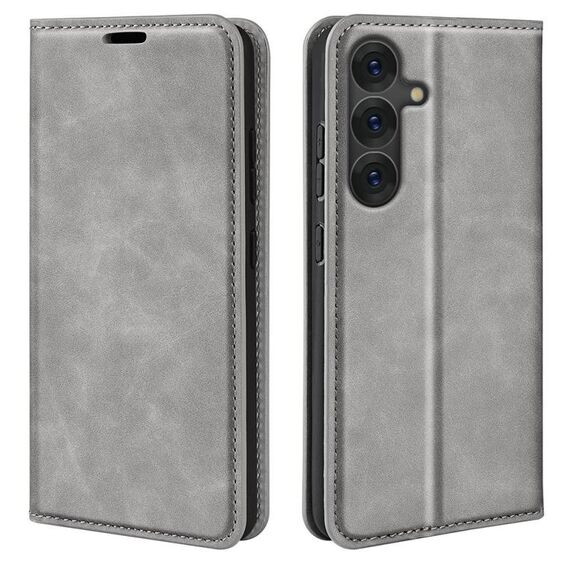 Per Samsung Galaxy S25 5G Retro-skin Custodia in pelle con ventosa magnetica (grigio)