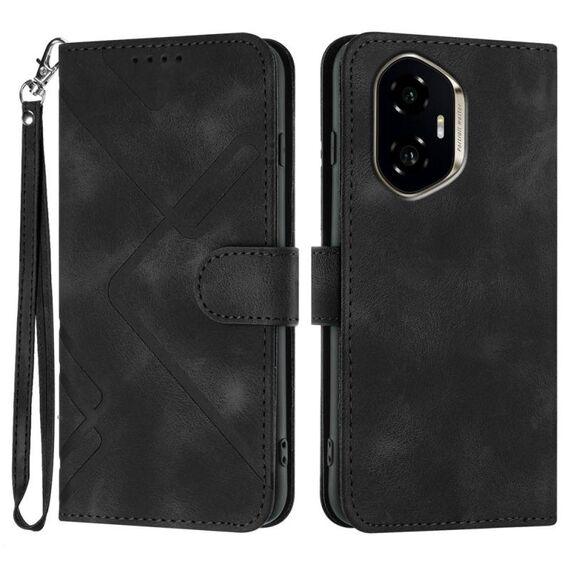 Custodia in pelle con motivo a linee per Honor 300 (nera)