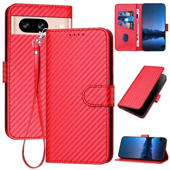 Per Google Pixel 8 YX0070 Custodia in pelle con fibbia in fibra di carbonio e cordino (rosso)