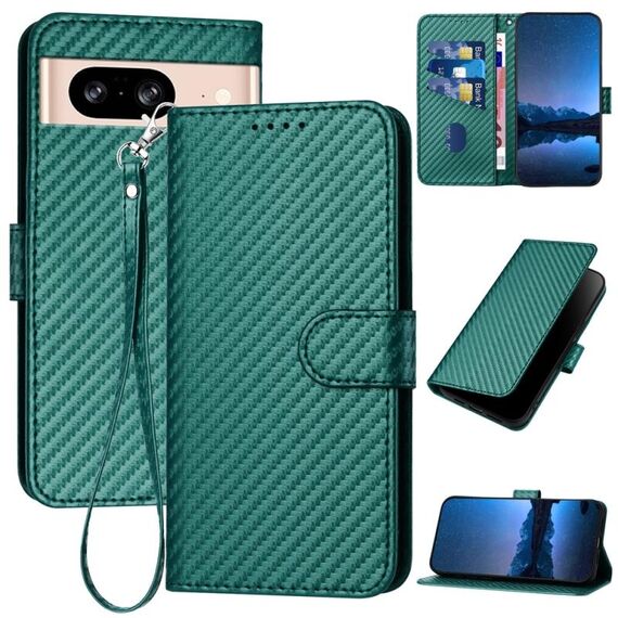 Per Google Pixel 8 YX0070 Custodia in pelle con fibbia in fibra di carbonio e cordino (verde scuro)