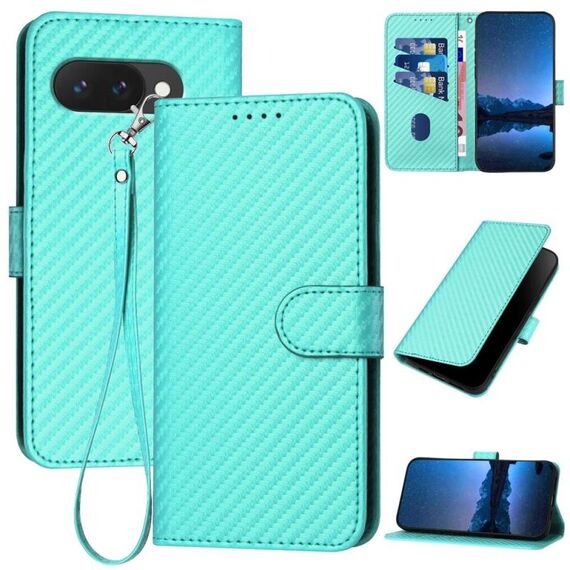 Per Google Pixel 9a YX0070 Custodia in pelle con fibbia in fibra di carbonio e cordino (azzurro chiaro)