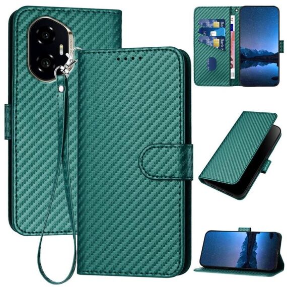 Custodia per telefono in pelle con fibbia in fibra di carbonio per Honor 300 YX0070 con cordino (verde scuro)