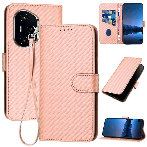 Per Honor 300 Pro / Honor 300 Ultra YX0070 Custodia in pelle con fibbia in fibra di carbonio e cordino (rosa)