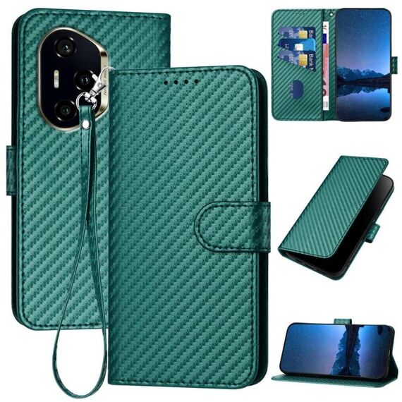Per Honor 300 Pro / Honor 300 Ultra YX0070 Custodia in pelle con fibbia in fibra di carbonio e cordino (verde scuro)
