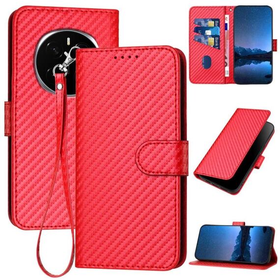 Custodia per telefono in pelle con fibbia in fibra di carbonio per Honor Magic7 YX0070 con cordino (rosso)
