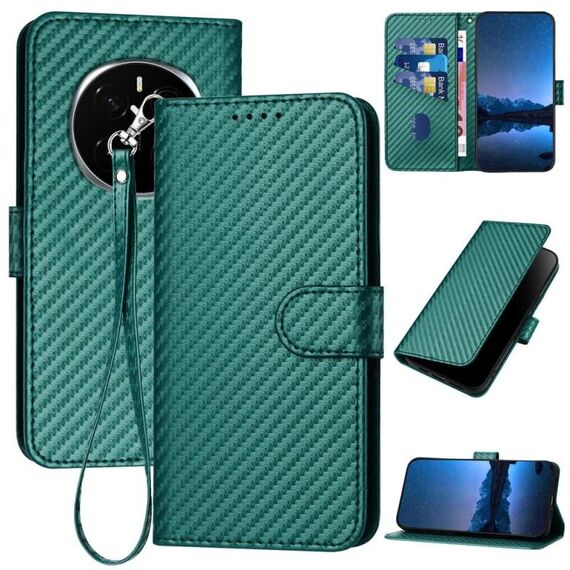 Custodia per telefono in pelle con fibbia in fibra di carbonio per Honor Magic7 YX0070 con cordino (verde scuro)