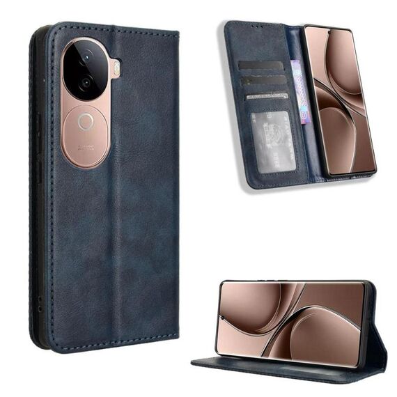 Per vivo V40e 5G / iQOO Z9S 5G Custodia per telefono in pelle con fibbia magnetica e texture retrò (blu)