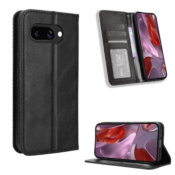 Per Google Pixel 9a Custodia per telefono in pelle con fibbia magnetica e texture retrò (nero)