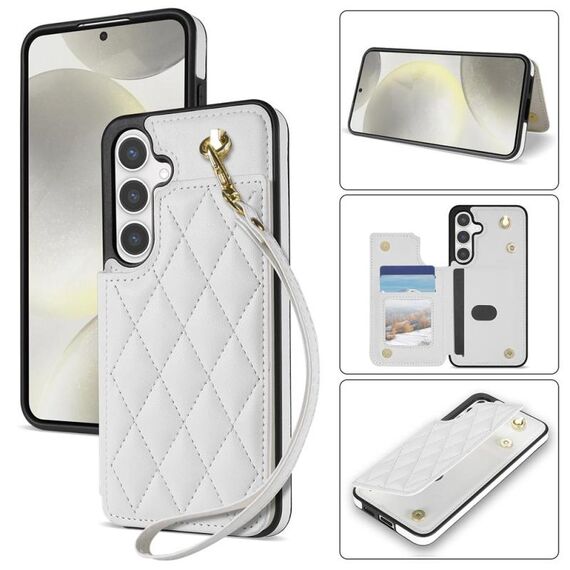 Per Samsung Galaxy S25+ 5G Rhombic Dual Buckle Card Slots Custodia per telefono con cordino (bianco)