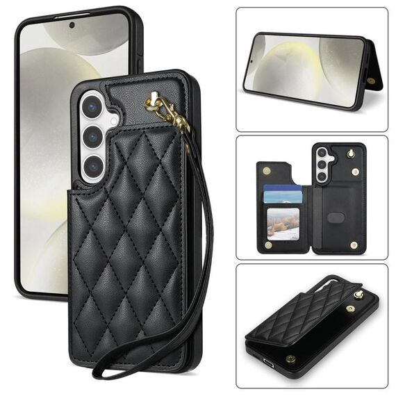 Per Samsung Galaxy S25 5G Rhombic Dual Buckle Card Slots Custodia per telefono con cordino (nero)