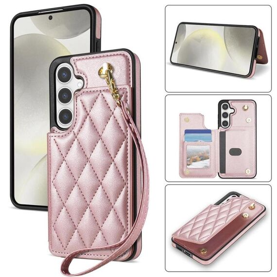 Per Samsung Galaxy S24+ 5G Rhombic Dual Buckle Card Slots Custodia per telefono con cordino (oro rosa)