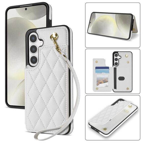Per Samsung Galaxy S24 FE 5G Rhombic Dual Buckle Card Slots Custodia per telefono con cordino (bianco)
