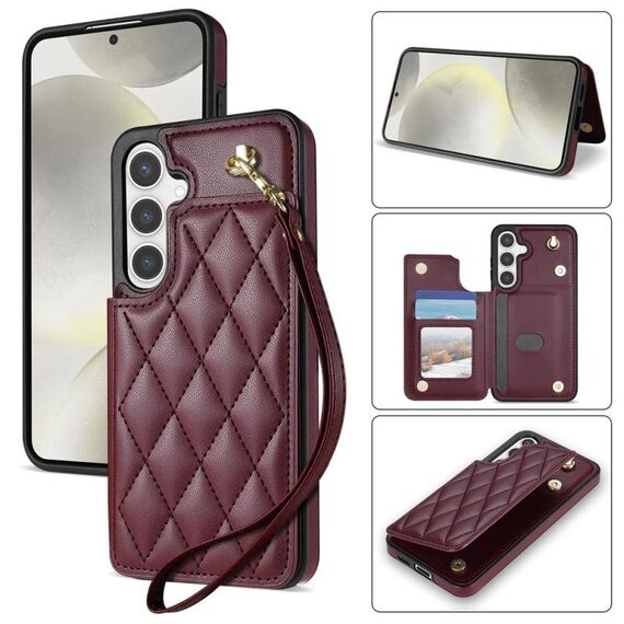 Per Samsung Galaxy S24 FE 5G Rhombic Dual Buckle Card Slots Custodia per telefono con cordino (rosso vino)