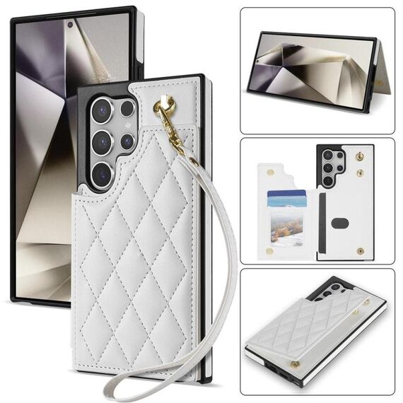 Per Samsung Galaxy S22 Ultra 5G Rhombic Dual Buckle Card Slots Custodia per telefono con cordino (bianco)