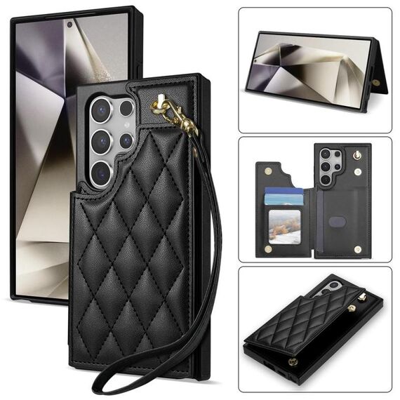 Per Samsung Galaxy S22 Ultra 5G Rhombic Dual Buckle Card Slots Custodia per telefono con cordino (nero)