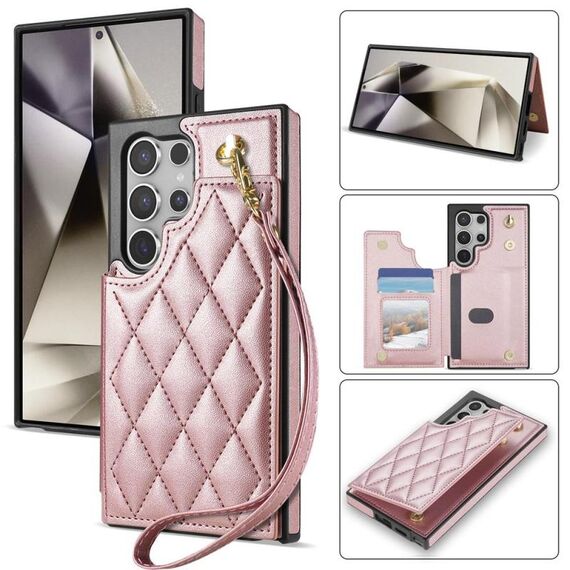 Per Samsung Galaxy S22 Ultra 5G Rhombic Dual Buckle Card Slots Custodia per telefono con cordino (oro rosa)