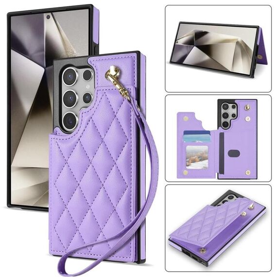 Per Samsung Galaxy S22 Ultra 5G Rhombic Dual Buckle Card Slots Custodia per telefono con cordino (viola)