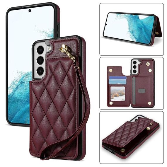 Per Samsung Galaxy S22+ 5G Rhombic Dual Buckle Card Slots Custodia per telefono con cordino (rosso vino)