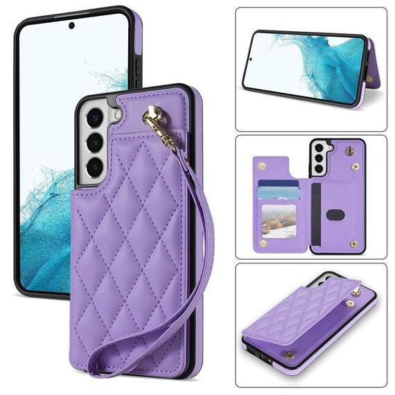 Per Samsung Galaxy S22+ 5G Rhombic Dual Buckle Card Slots Custodia per telefono con cordino (viola)