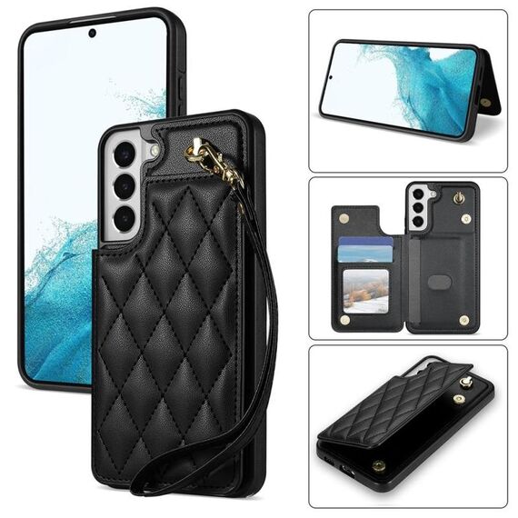 Per Samsung Galaxy S22 5G Rhombic Dual Buckle Card Slots Custodia per telefono con cordino (nero)
