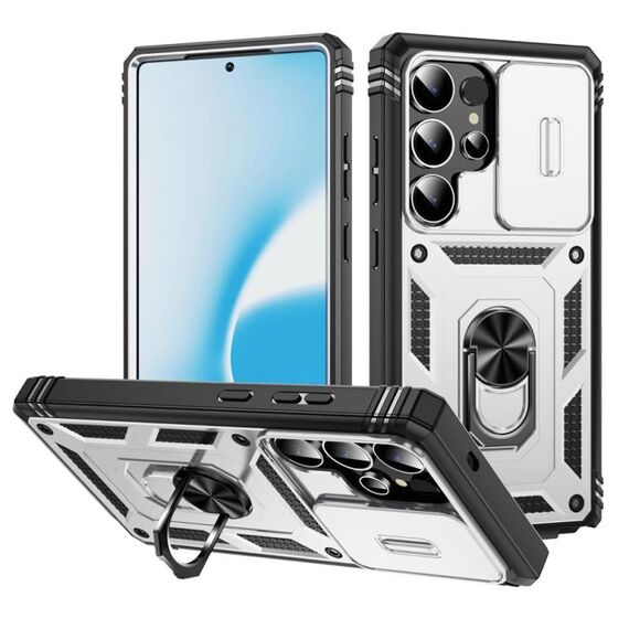 Per Samsung Galaxy S25 Ultra 5G Custodia per telefono ibrida in TPU con supporto scorrevole Camshield con supporto (bianco+nero)