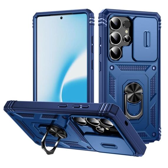 Per Samsung Galaxy S25 Ultra 5G Custodia per telefono ibrida in TPU con supporto scorrevole Camshield con supporto (blu navy)