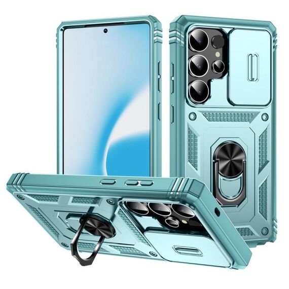 Per Samsung Galaxy S25 Ultra 5G Custodia per telefono ibrida in TPU con supporto scorrevole Camshield con supporto (verde)