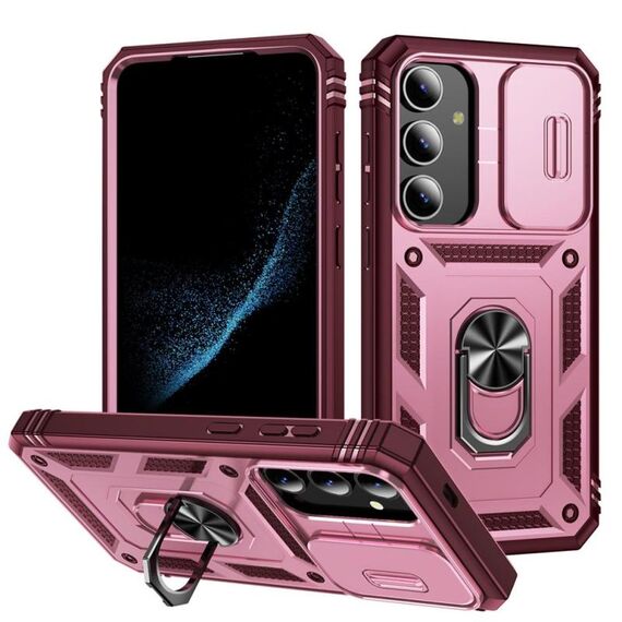 Per Samsung Galaxy S25 5G Custodia per telefono ibrida in TPU con supporto scorrevole Camshield (rosa + rosso rosa)