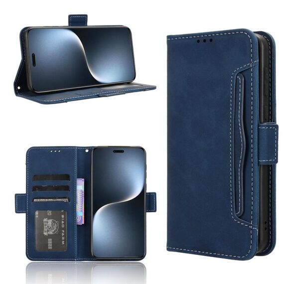 Custodia per telefono in pelle con slot per schede e texture in vitello per Honor Magic7 Pro (blu)