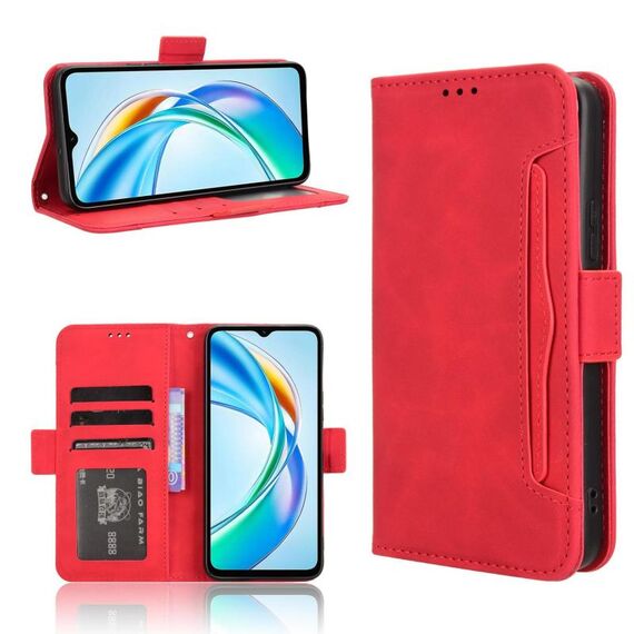 Custodia per telefono in pelle con slot per schede e texture in vitello per Honor X5b 4G (rosso)