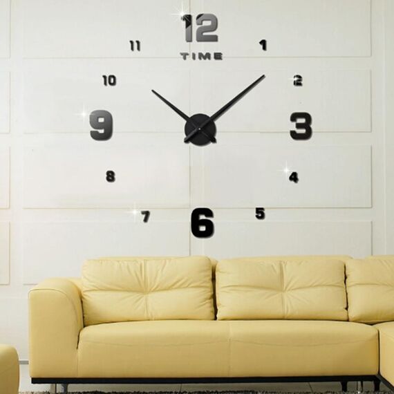 Camera da letto Decorazione della casa Numero a specchio Senza cornice Grande adesivo da parete 3D fai da te Orologio muto, Dimensioni: 100 * 100 cm (nero)