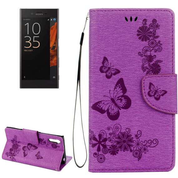 Per Sony Xperia XZ Power Butterflies Custodia in pelle a ribaltamento orizzontale con goffratura con supporto e slot per schede, portafoglio e cordino (viola)