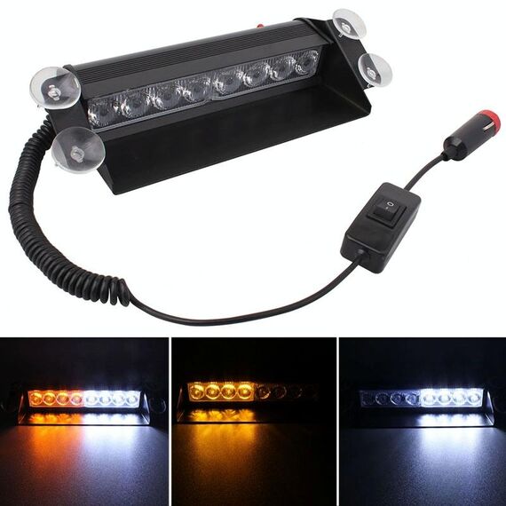 8W 800LM 8 LED Bianco + Luce gialla 3 modalità Angolo regolabile Flash strobo per auto Dash Lampada di avvertimento luce di emergenza con ventose, DC 12V