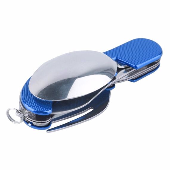 Set di posate pieghevoli da viaggio / campeggio 4-in-1 in acciaio inossidabile, cucchiaio + forchetta + coltello + set apribottiglie (blu)