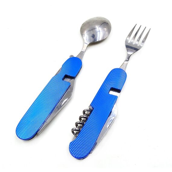 Set di posate pieghevoli da viaggio / campeggio 4-in-1 in acciaio inossidabile, cucchiaio + forchetta + coltello + set apribottiglie (blu)