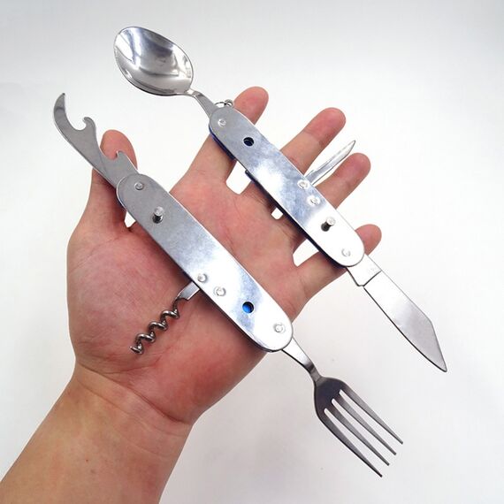 Set di posate pieghevoli da viaggio / campeggio 4-in-1 in acciaio inossidabile, cucchiaio + forchetta + coltello + set apribottiglie (blu)