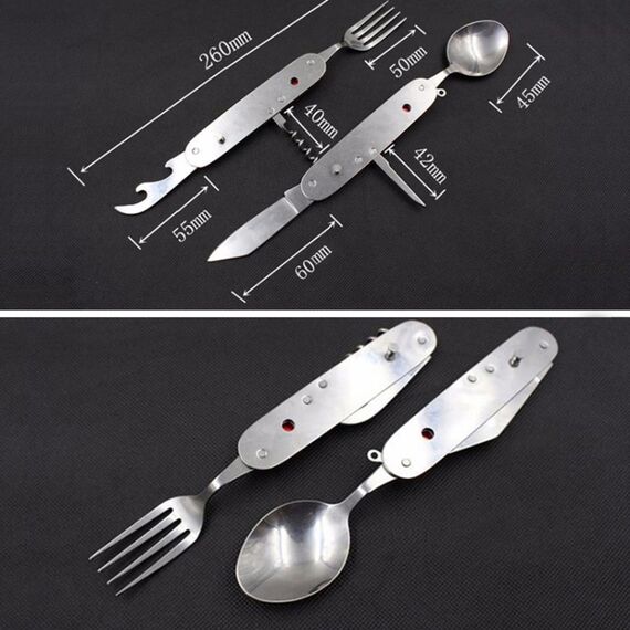 Set di posate pieghevoli da viaggio / campeggio 4-in-1 in acciaio inossidabile, cucchiaio + forchetta + coltello + set apribottiglie (blu)