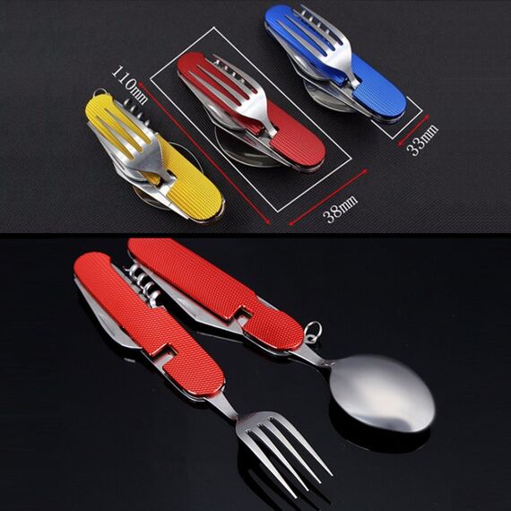 Set di posate pieghevoli da viaggio / campeggio 4-in-1 in acciaio inossidabile, cucchiaio + forchetta + coltello + set apribottiglie (blu)