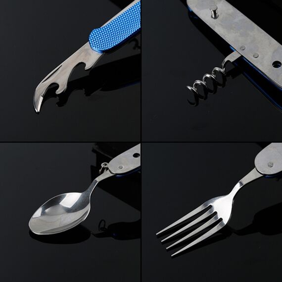 Set di posate pieghevoli da viaggio / campeggio 4-in-1 in acciaio inossidabile, cucchiaio + forchetta + coltello + set apribottiglie (blu)