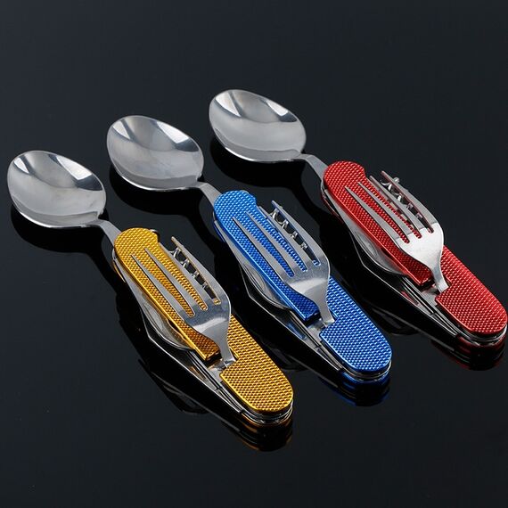 Set di posate pieghevoli da viaggio / campeggio 4-in-1 in acciaio inossidabile, cucchiaio + forchetta + coltello + set apribottiglie (blu)