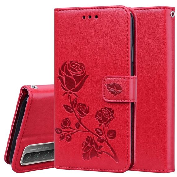 Per Huawei Honor 10x Lite Rose goffrato in pelle orizzontale in pelle flip in pelle PU con titolare e slot per schede e portafoglio (rosso)
