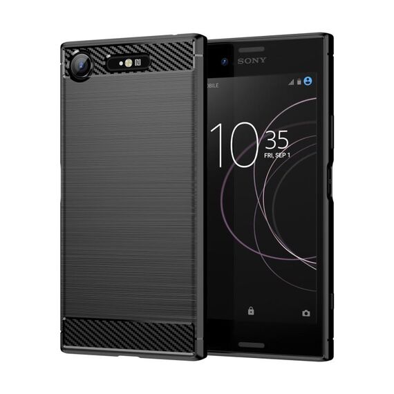Per Sony Xperia XZ1 Custodia per cellulare in TPU spazzolato con struttura in fibra di carbonio (nera)